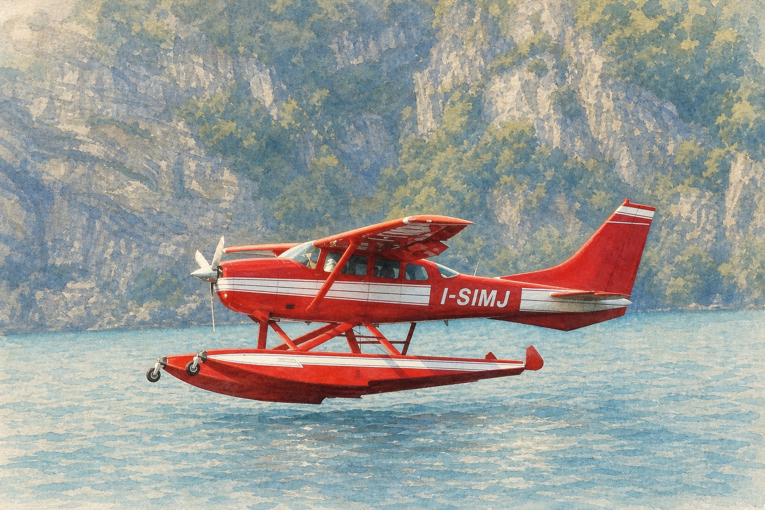 Illustration of the red and white amphibious aircraft I-SIMJ above the waters of an alpine lake