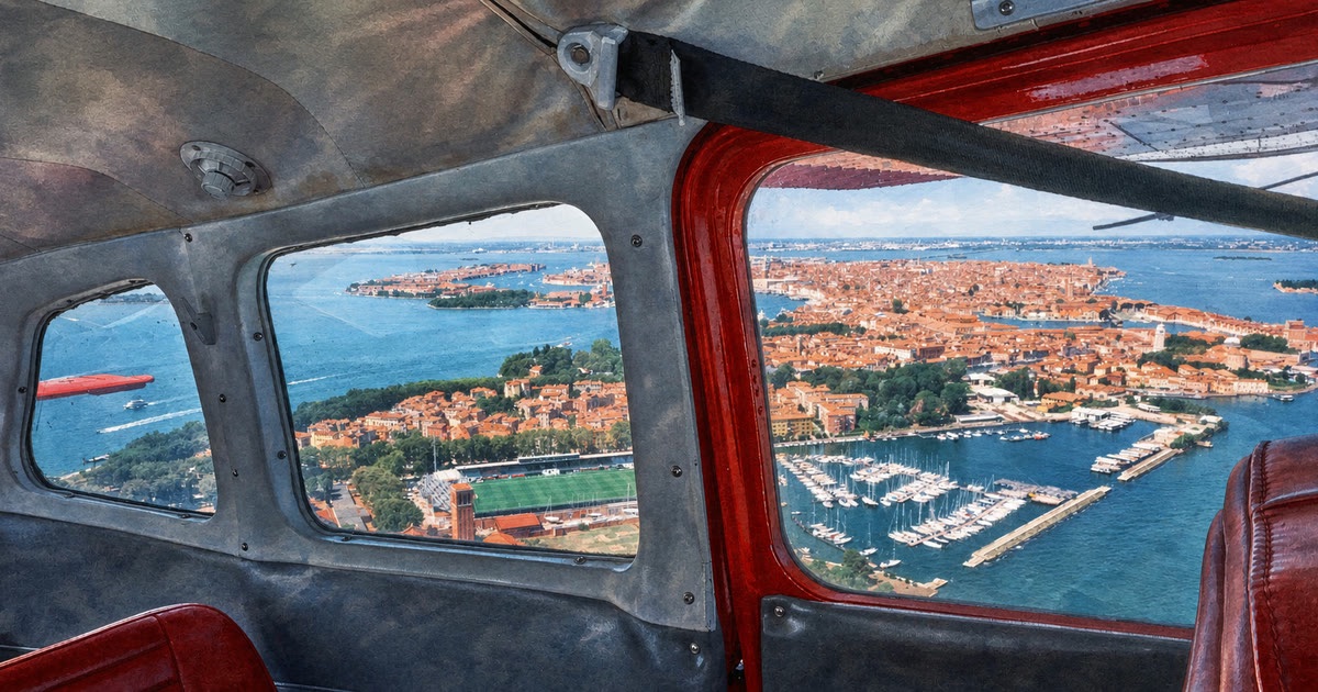 Realistic painted illustration of Venice through the I-SIMJ windows, framed by the cabin interior and red mullions