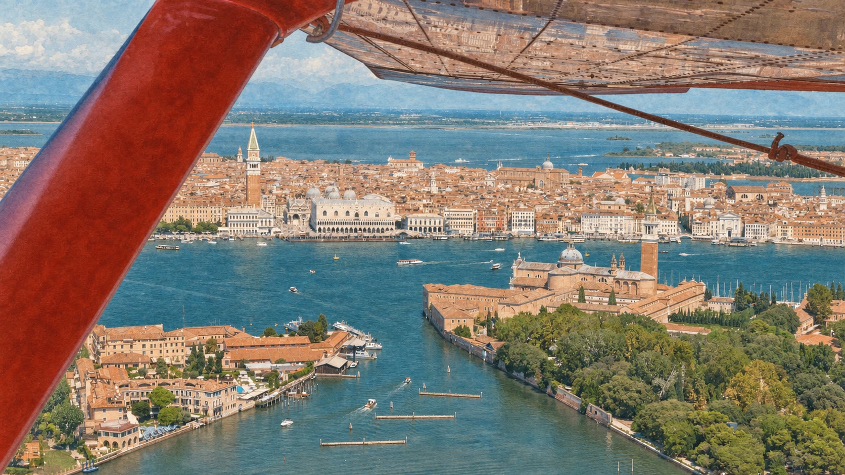 Realistic painted illustration of the aerial view of Venice from the I-SIMJ, with its red strut and wing in the foreground above San Giorgio Maggiore and St Mark’s Square