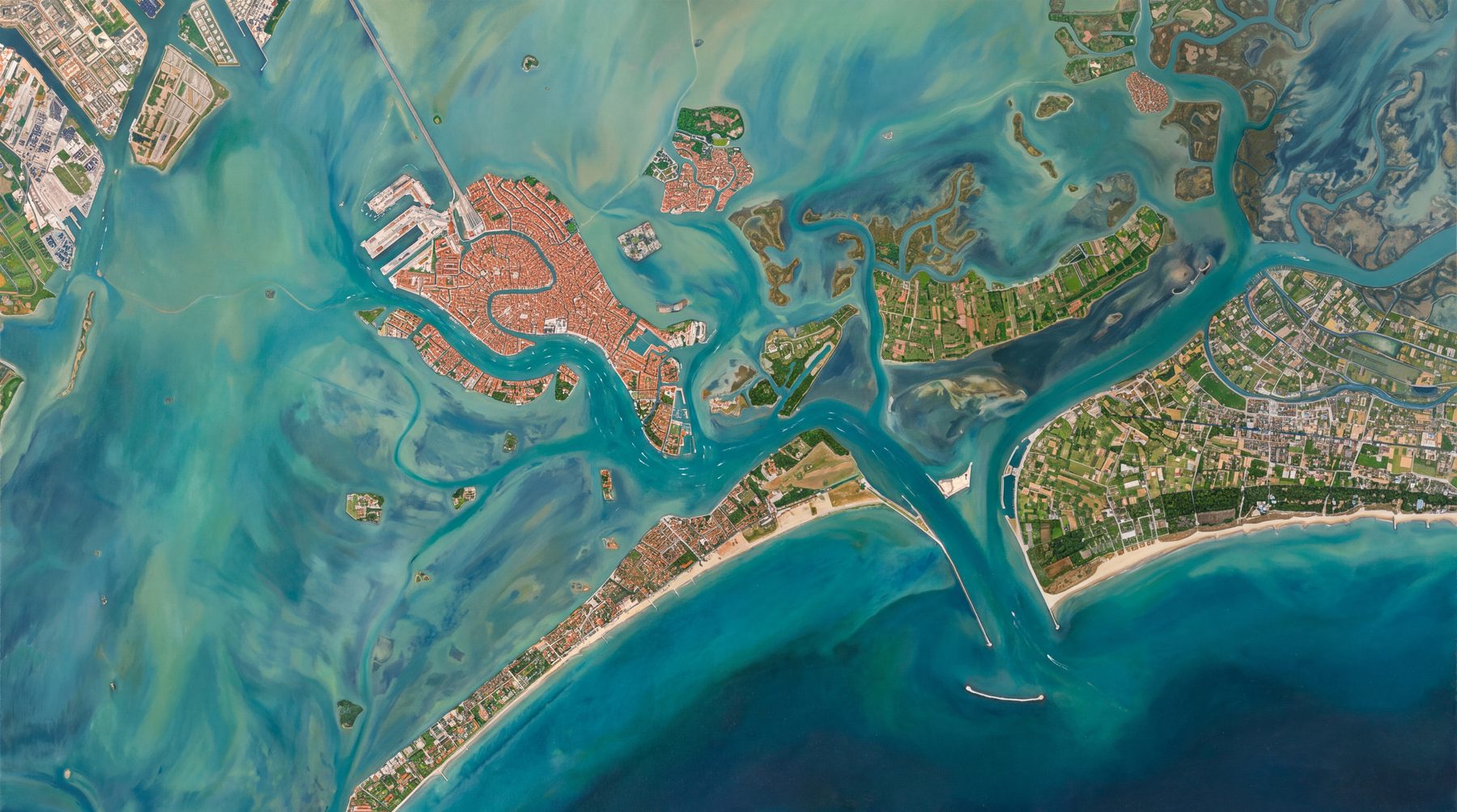 Rundflugroute vom Nicelli entlang der Strandpromenade des Lido und dann über die Lagune zum Markusplatz, nach San Giorgio Maggiore und Murano, bevor es zurück zum Lido geht.
